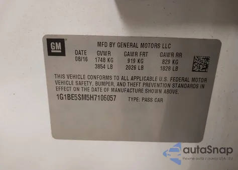 2017 Chevrolet Cruze Lt Auto z USA, uszkodzony, nr VIN 1G1BE5SM5H7106057